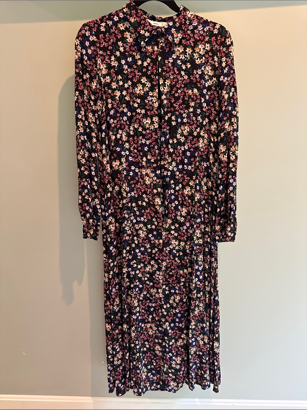 Mango Black Floral Long Sleeve Midi Dress with Pink and Cream Blossoms